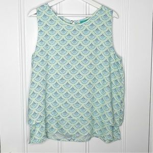 NWT Escapada Green Blue Filigree Tank Top Double Layer Flounce Size Medium